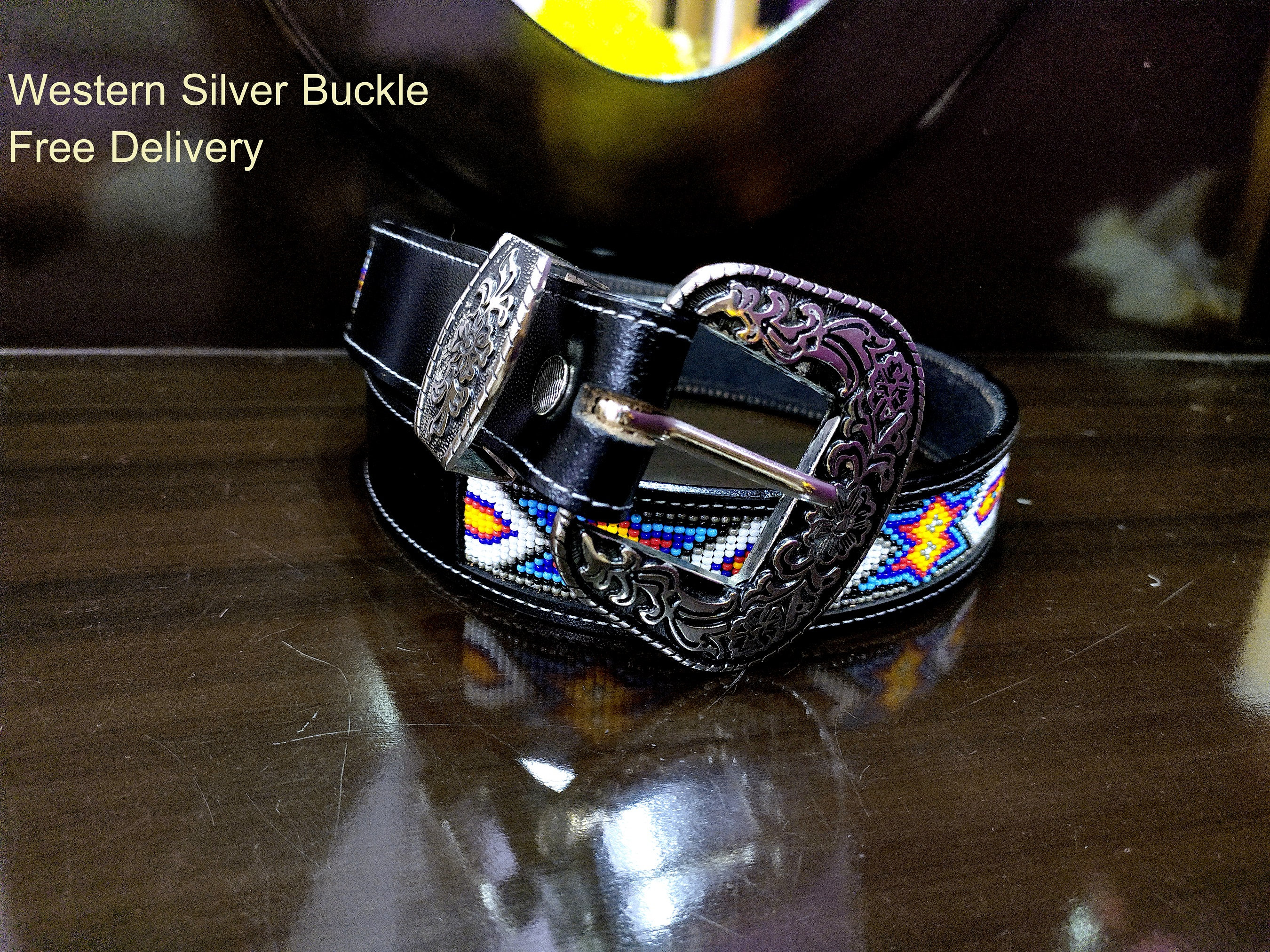Black Leather Belt With Beaded Southwestern Pattern & Silver‎ Buckle Western Beaded Leather Belt: Aztec Cowboy Style | Unisex Beadwork  main image 3