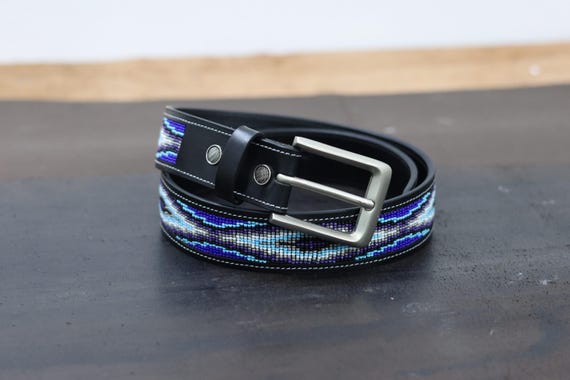 Beaded Leather Belt, Eagle Eye Design, Removable Buckle, Blue Bead work.