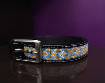 Westernleren riem met kralen en afneembare gesp: oranje en blauw tegelpatroon | 1,3 inch breed