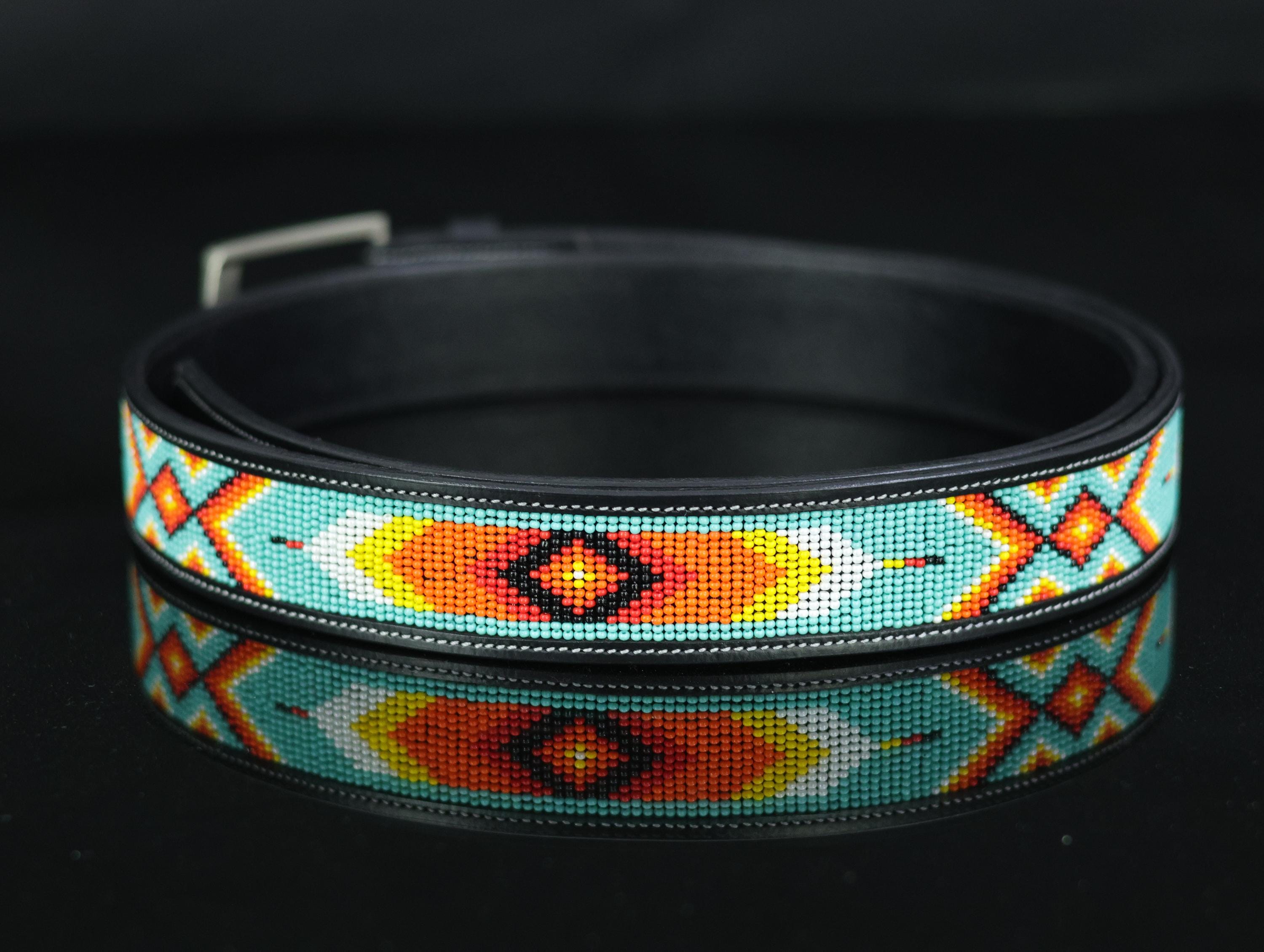Hand Crafted Black Leather Belt with Red & Turquoise Beaded Stones w/Buckle Turquoise Beaded Leather Belt | Custom Name Gift | Western  main image 3