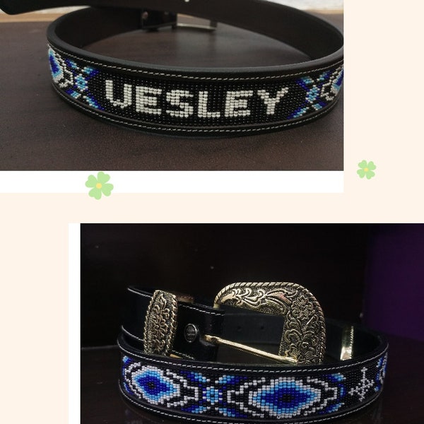 Custom Bead Leather Belt For Men, Casual Beaded Belt For Women, Personalized Gift, Embroidery Black Belt, Native American, Removable Buckle