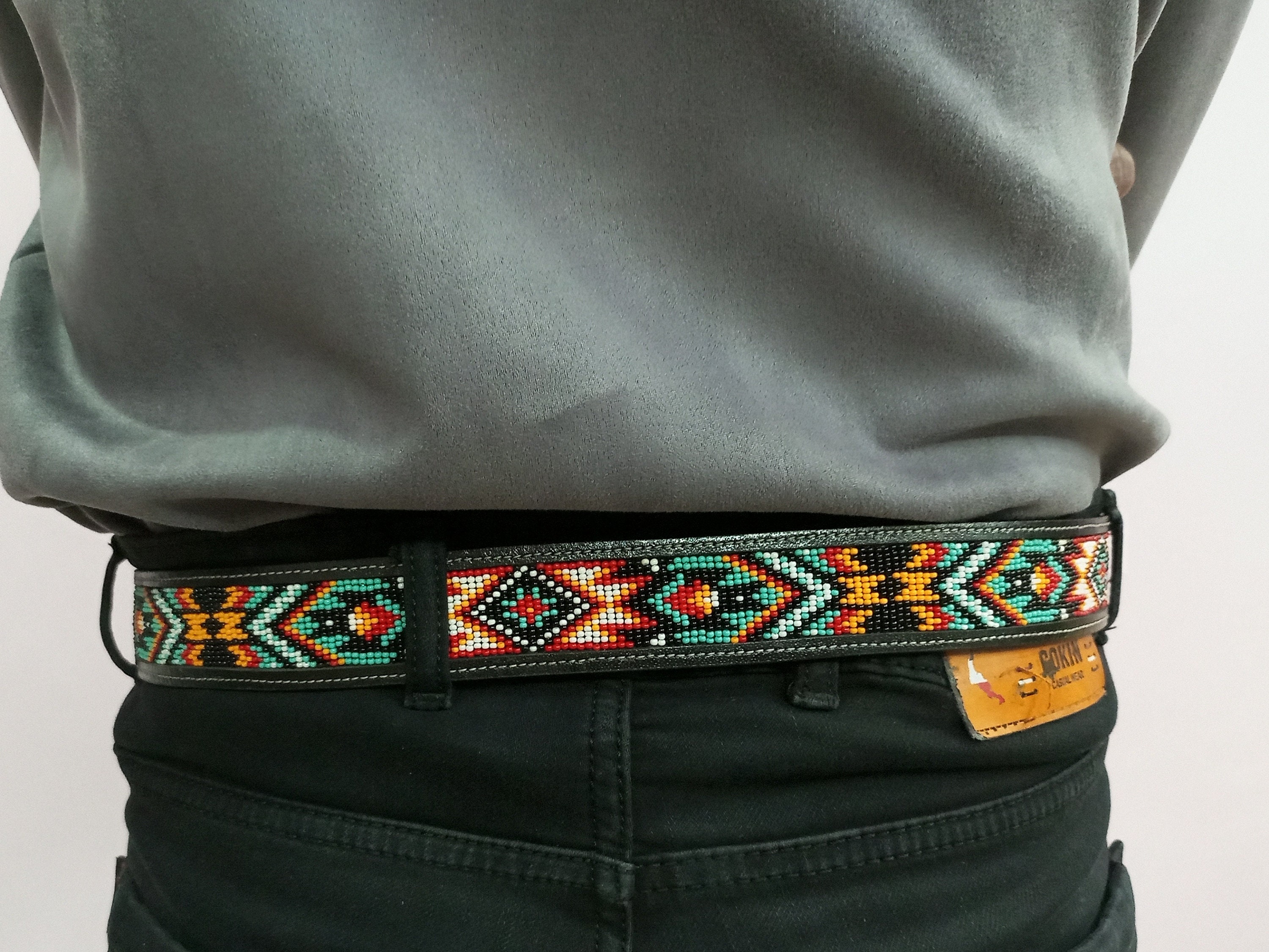 Beaded Leather Belt: Aztec Cowboy Style | Unisex Beadwork 
