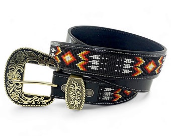 Western Beaded Leather Belt: Black, Wide, Removable Buckle