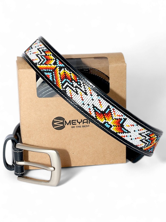 1.3 Inch Beaded Western Leather Belt — Blue Southwest  display picture 1