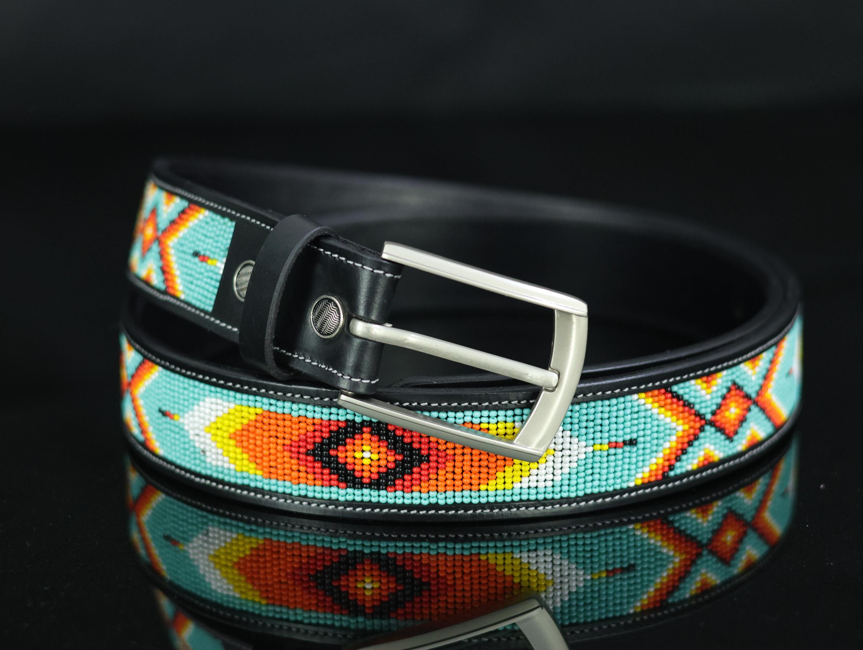 Handmade unisex Size 34 Turquoise and Brown Beaded Women\'s Belt Beaded Belt - Turquoise/Purple ~ Size 40 – W Western Texas main image 2