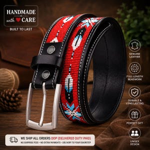 Handmade Beaded Leather Belt, Southwest Feather Pattern, Unisex Western Accessory, 35 MM Wide.