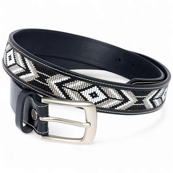 Artisan Beaded Western Leather Belt — Grey & White Southwest  display picture 1