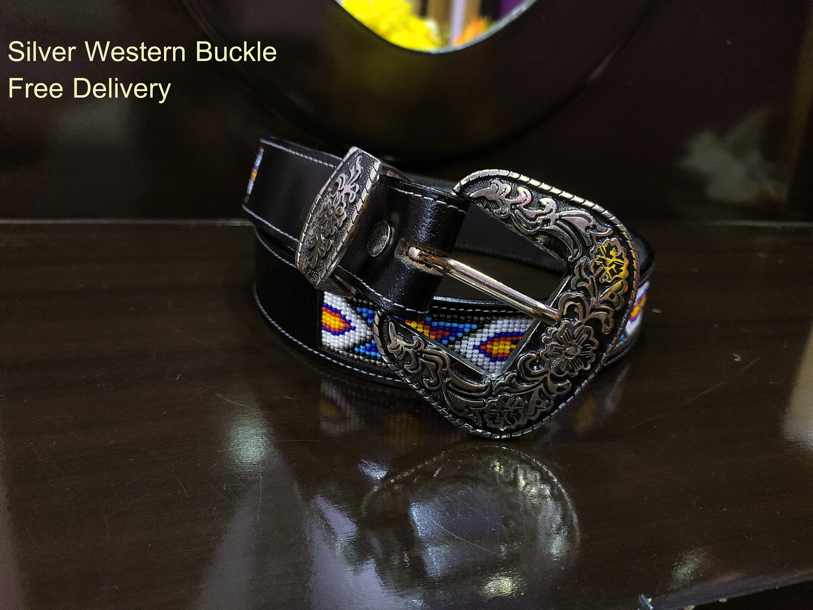 Beaded Western Leather Belt — Purple Southwest Diamond 