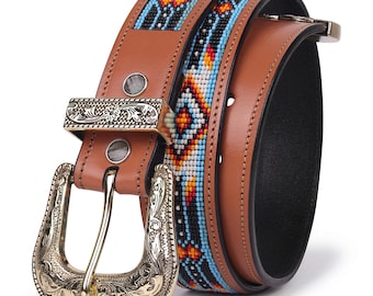 Turquoise, rode leren riem met kralen, cowboy-westernriem, 3,3 cm breed, afneembare filigri gesp.