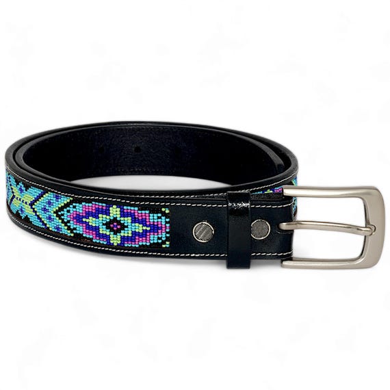 Handmade Beaded Leather Belt – Blue Pink Geometric Southwest  display picture 2