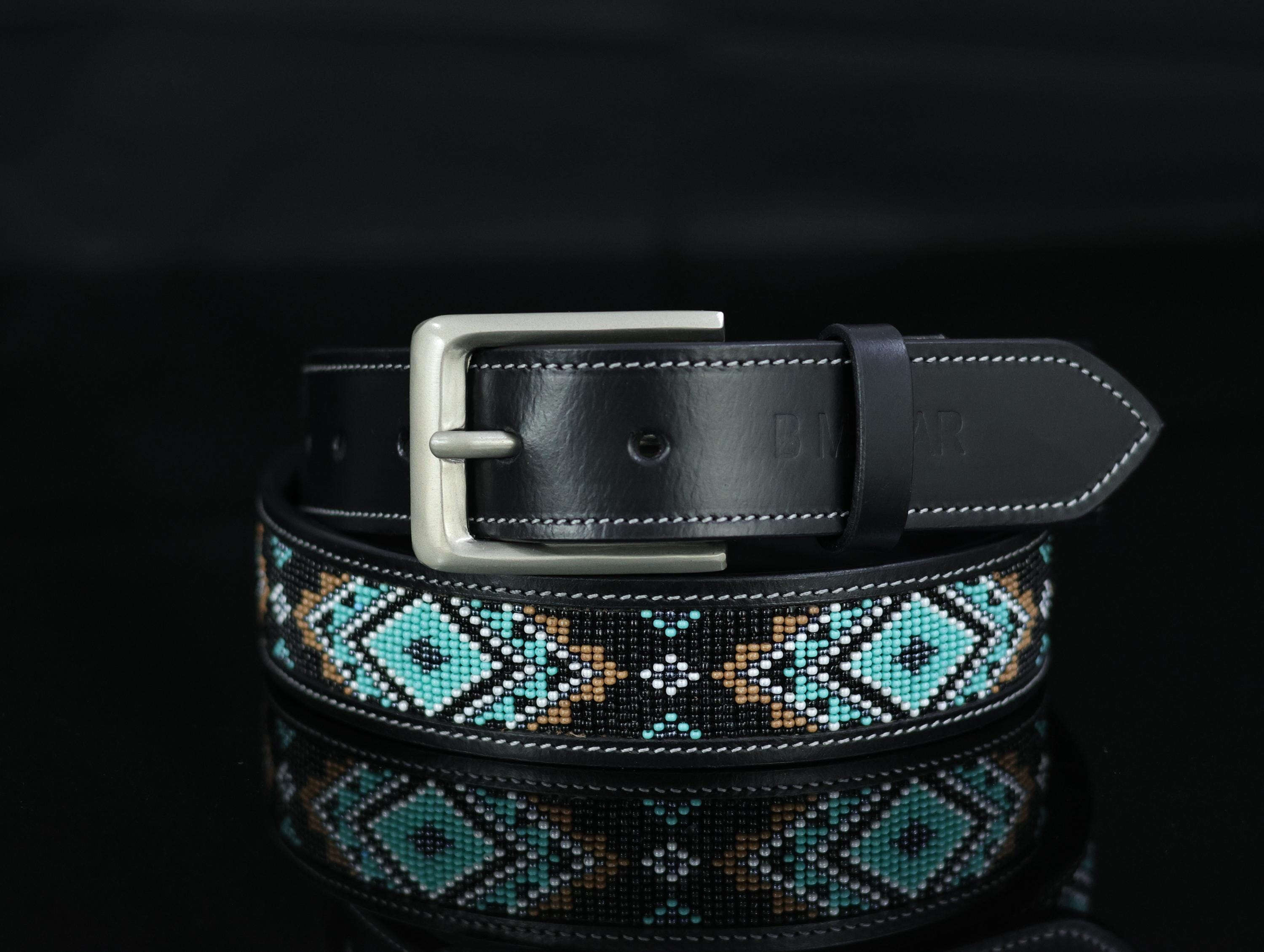 Removable Western Buckle Beaded Leather Belt Unisex, Ribbon  display picture 2