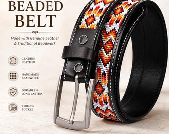Beaded Fashion Belt, Western Filgiri Buckle, White Stitching, Trible Diamond Pattern, Cowboy Belt.