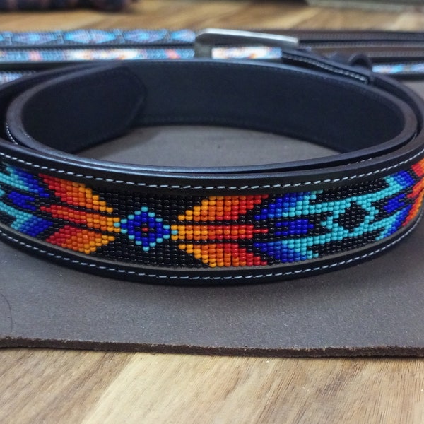 Personalized Bead leather belt for men, Western Cowboy Belt, Native America Belt, Aztec Belt, Deelo Belt, Custom Gift, Removable Buckle
