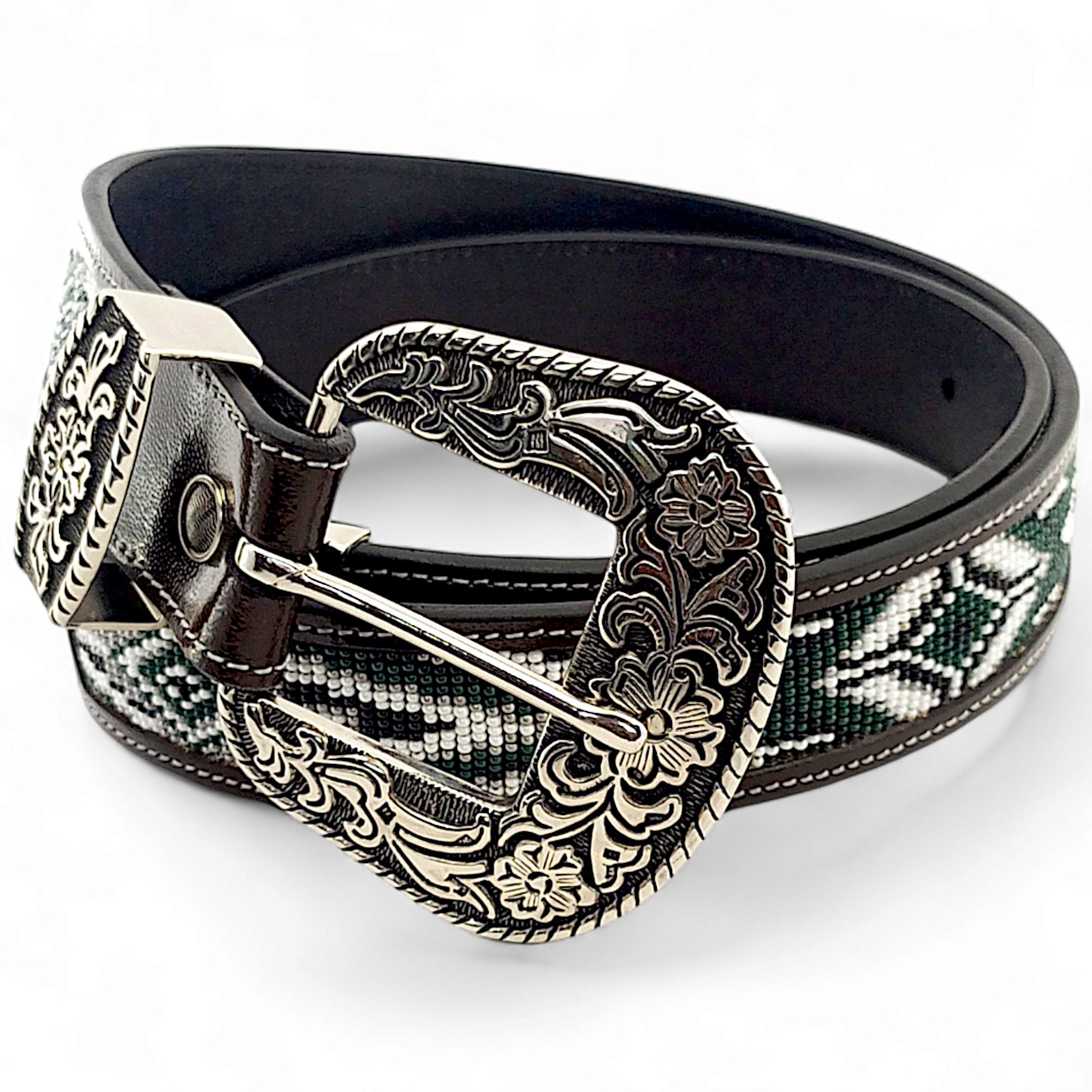 Handmade Green Bead Work Leather Belt for Women and Men 