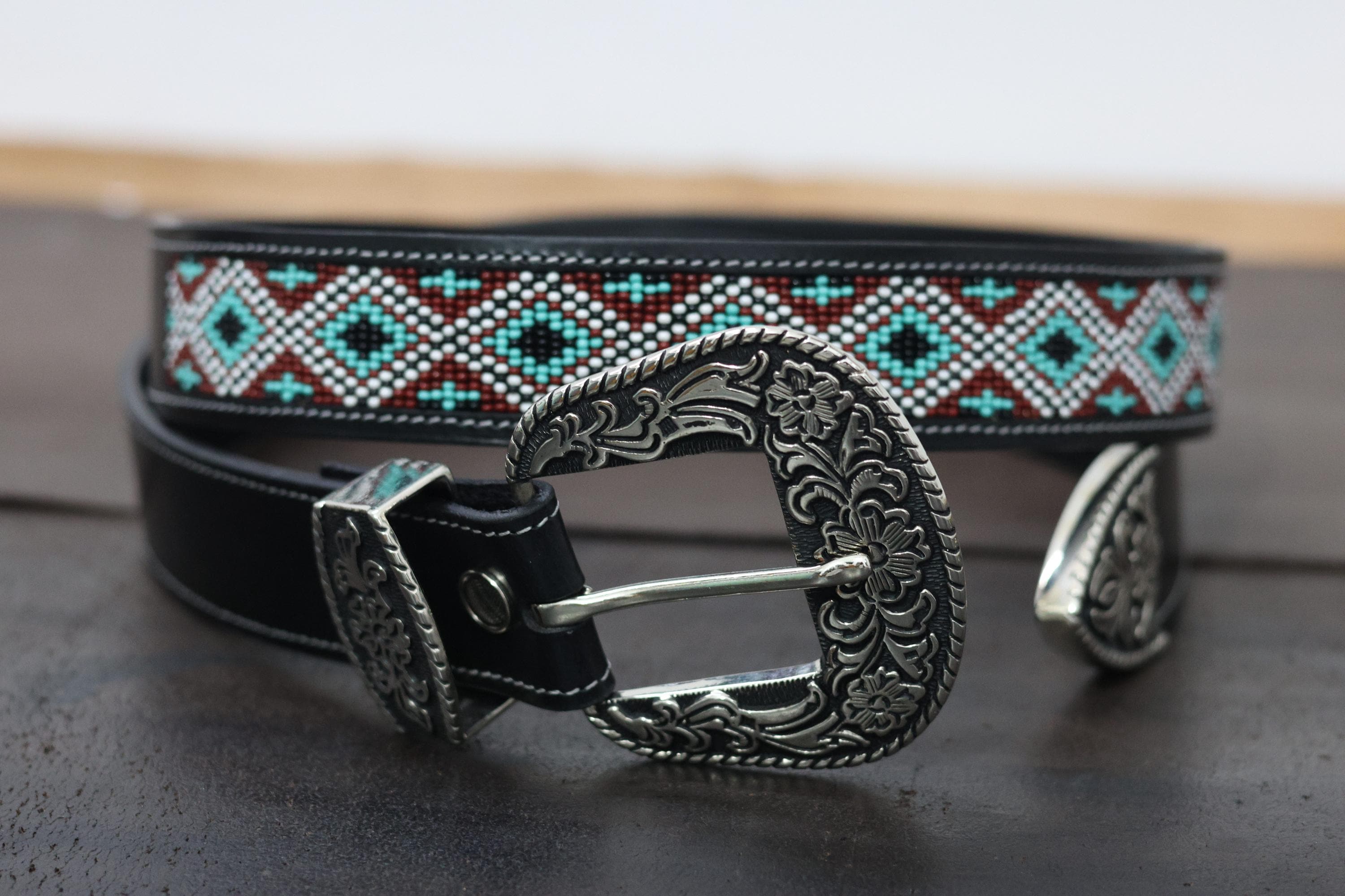 Teal  Cowhide like Fabric Beaded Western Style Belt with Rhinestone Buckle. Boho Beaded Western Leather Belt —teal Diamond Pattern  main image 3