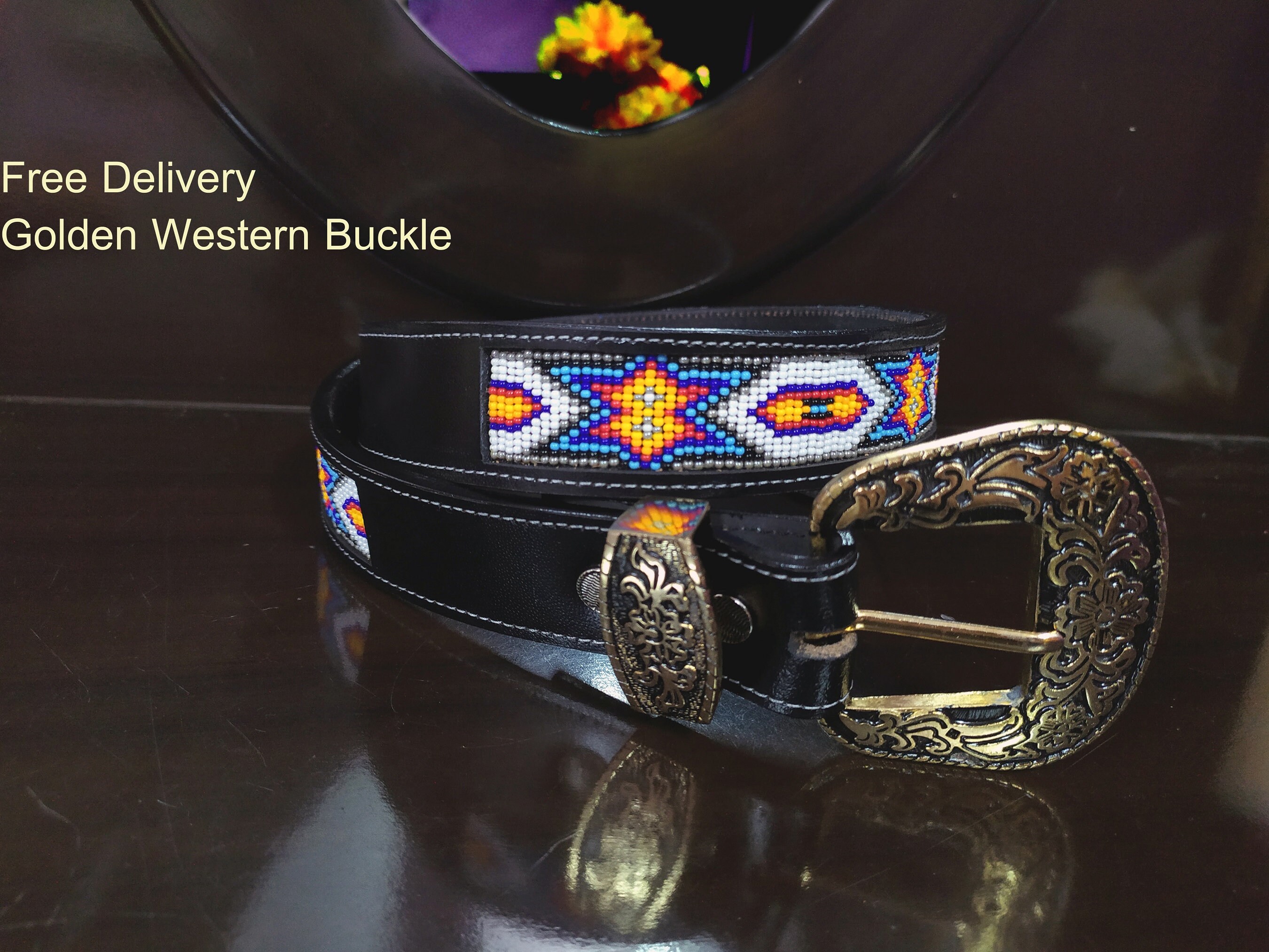 Handcrafted Beaded Brown Waist Belt with Purple Accents Girls Purple Horsehead Sunflower 1 1/4 main image 4
