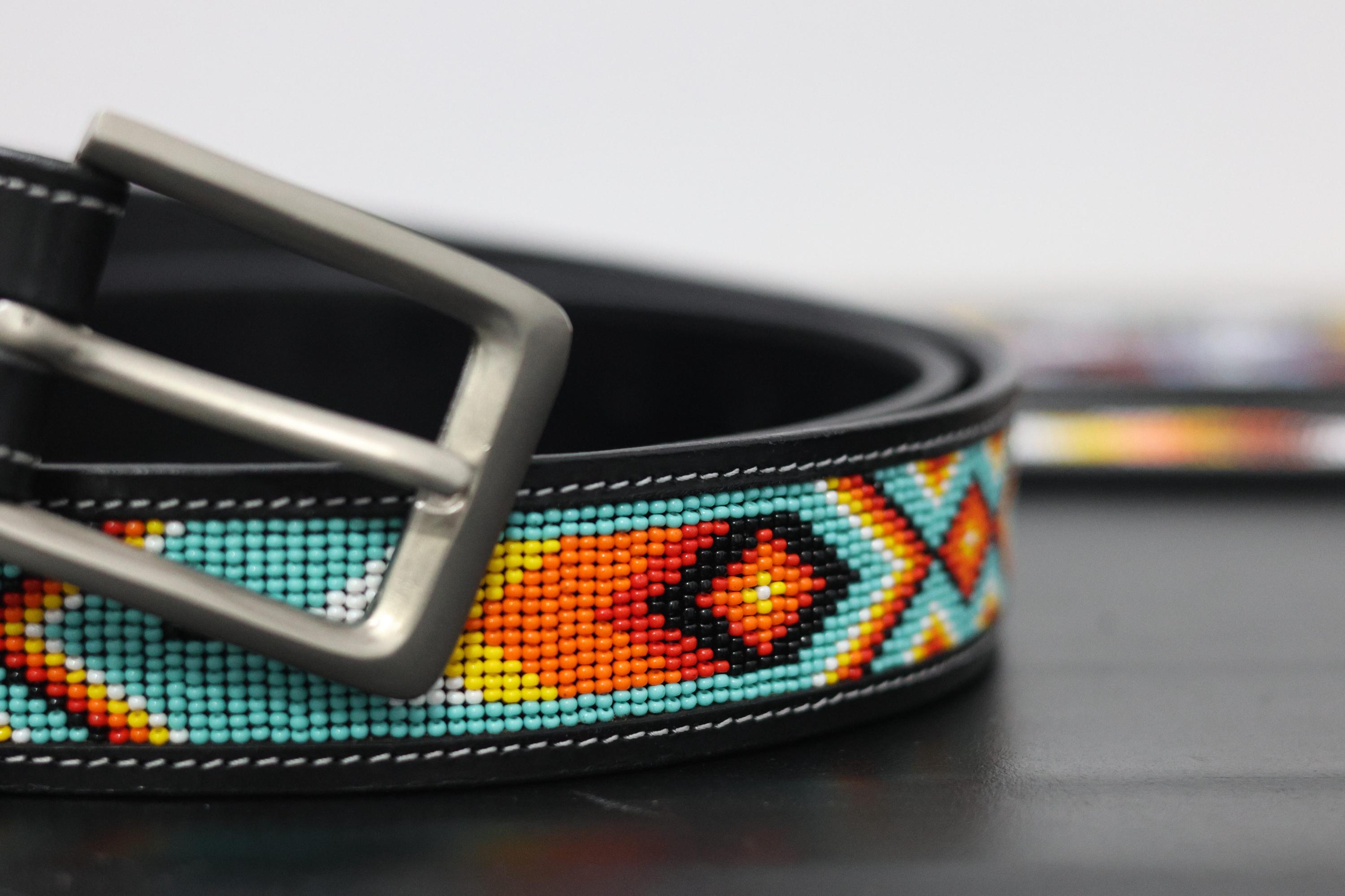 Vintage Rt 66 Hand-Beaded Brown Embossed Leather Women\'s Belt w Turquoise/Black Genuine Leather Western Belt With Tooled and Buckstitch  main image 3