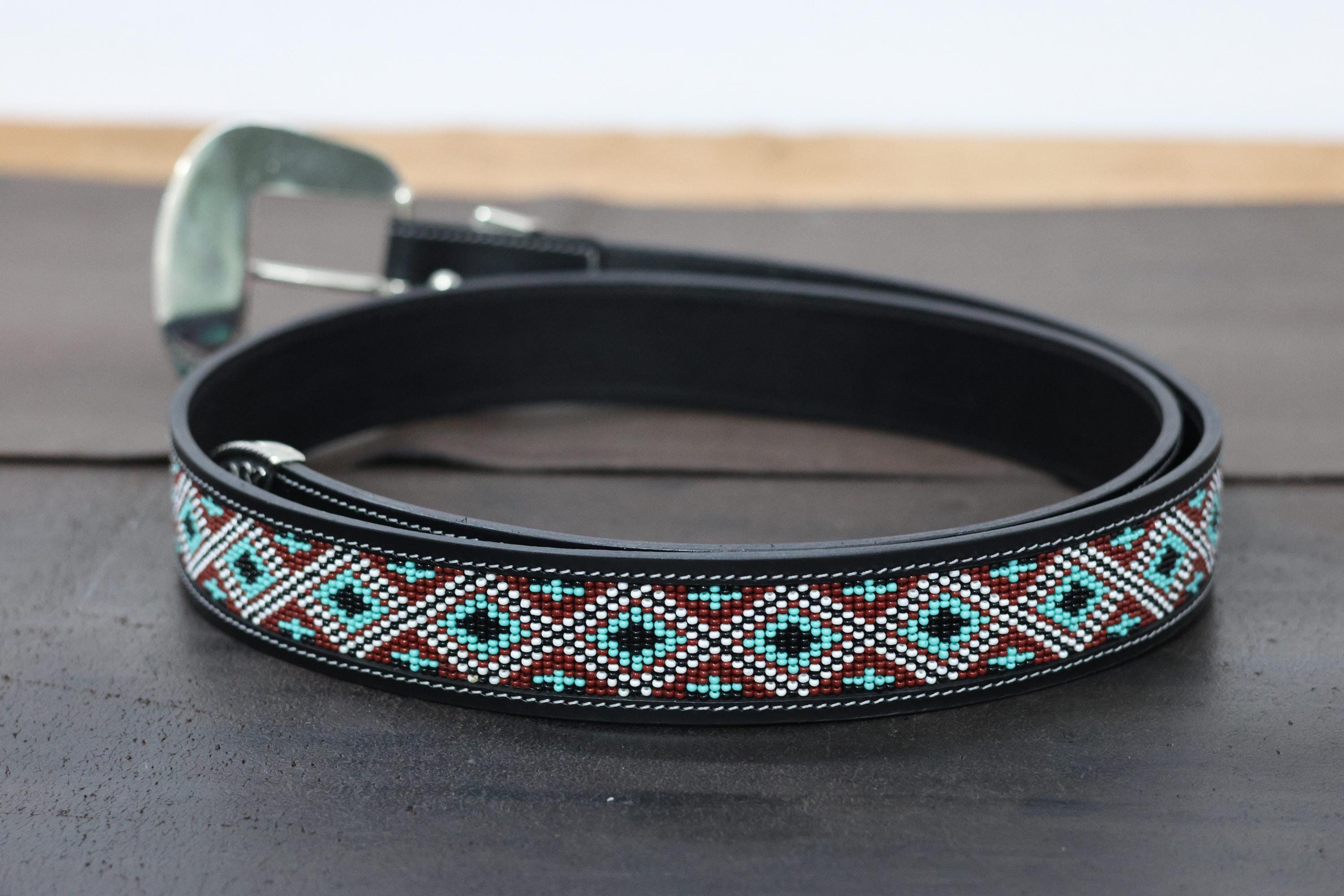 Boho Beaded Western Leather Belt —teal Diamond Pattern 