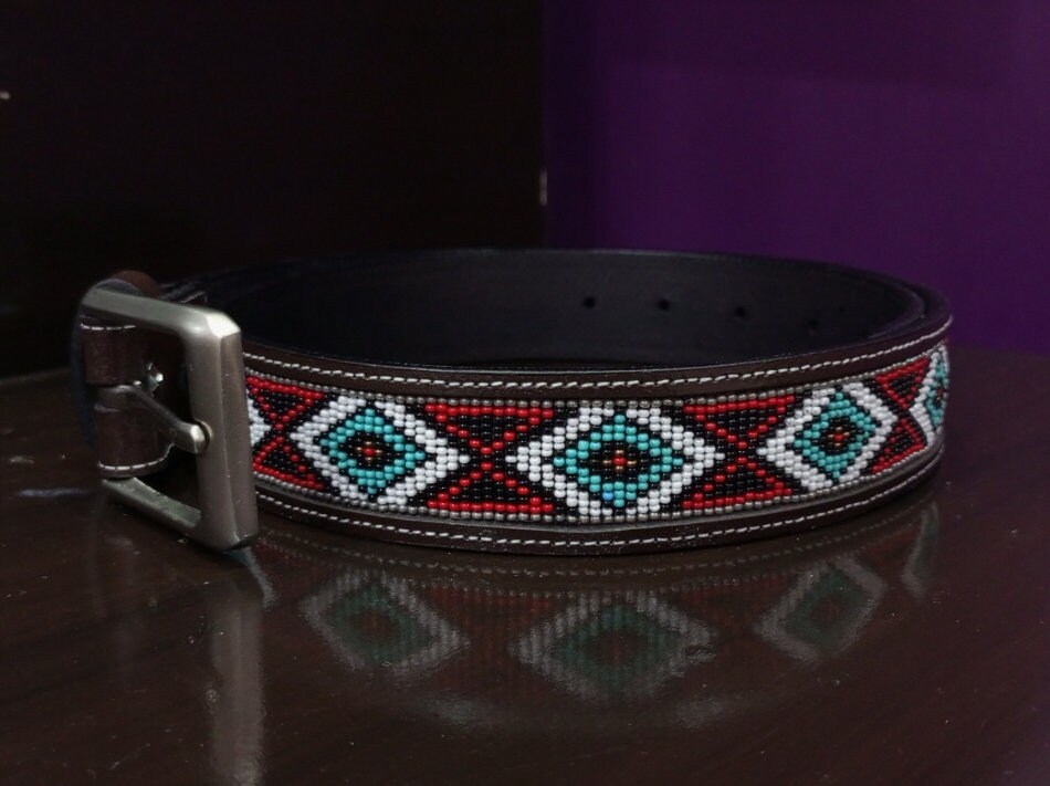 Beaded Western Leather Belt — Turquoise & Red Diamond  display picture 1