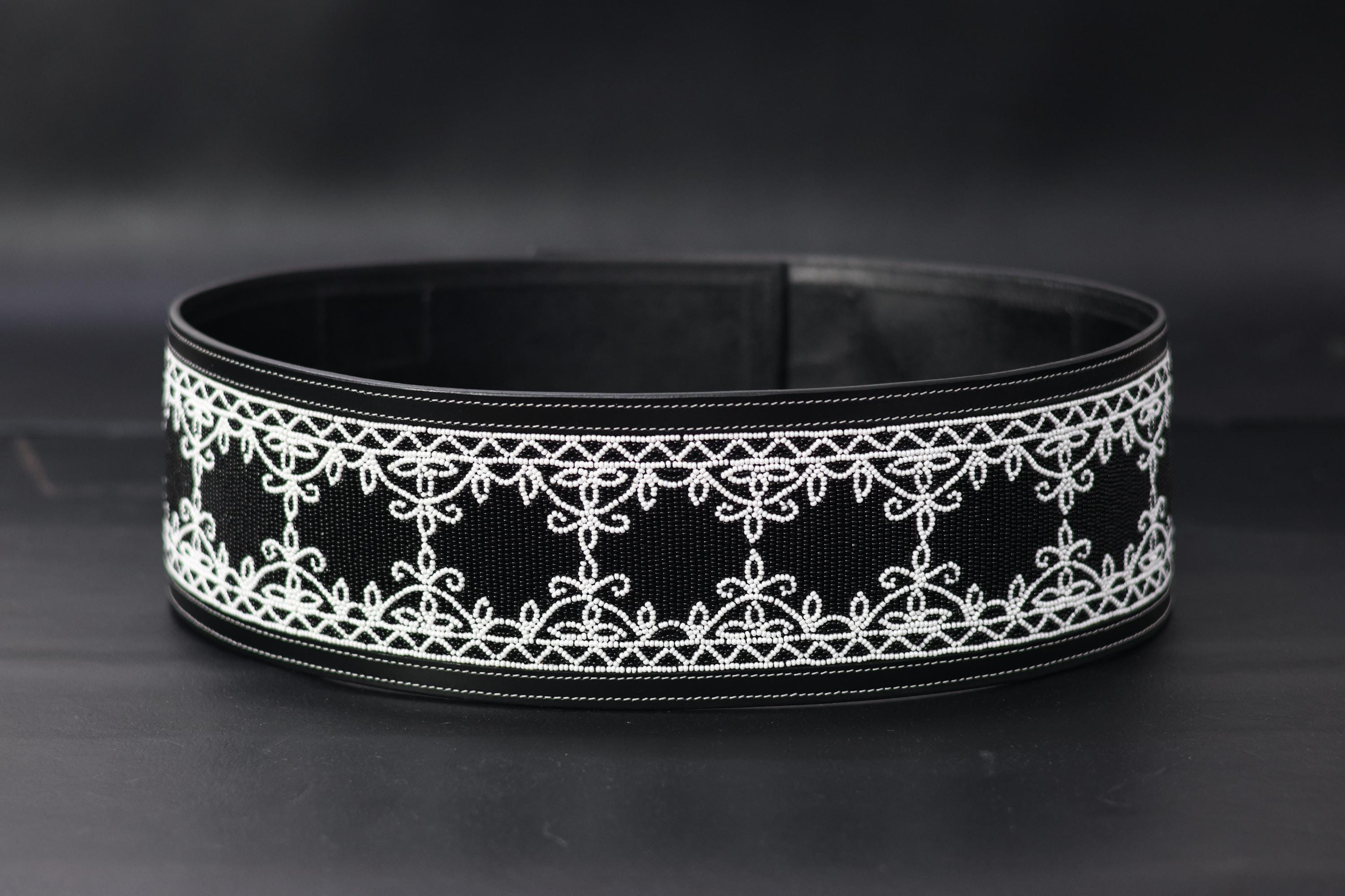 Wide Black Leather Statement Belt , Hand Beaded Lace Design 