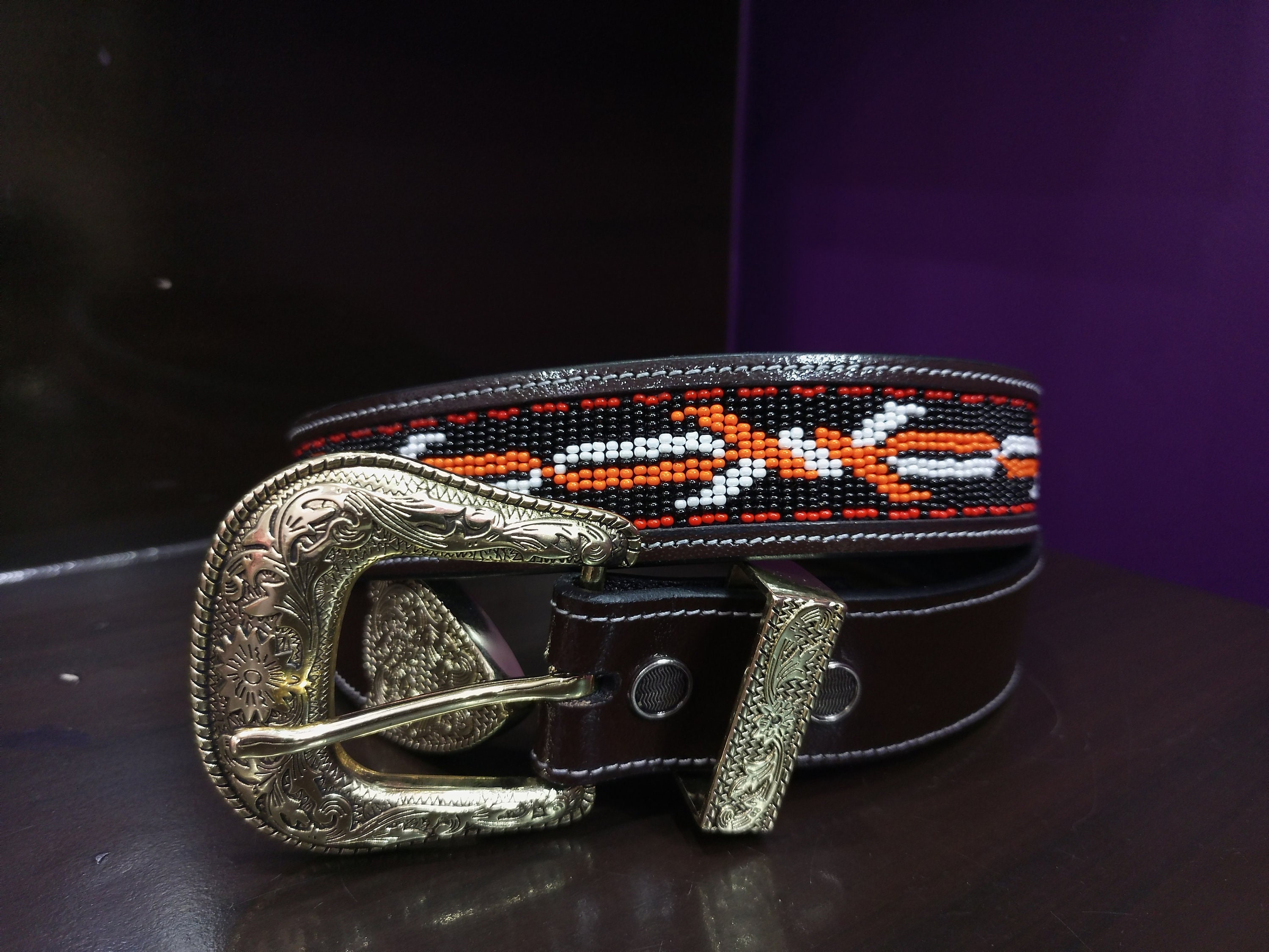 Custom Beaded Western Leather Belt — Orange White Lightning 
