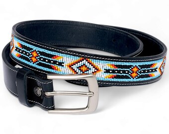 VINTAGE NATIVE TURQUOISE BEADED LEATHER BELT & MATCHING BUCKLE Navajo Victor Moses Begay VMB Signed Unworn Sterling Silver  main image 4