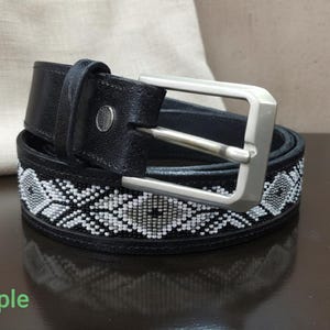 Beaded Western Leather Belt — Black and White Arrow Geometric Pattern| Handmade | Unisex | Customized Gift