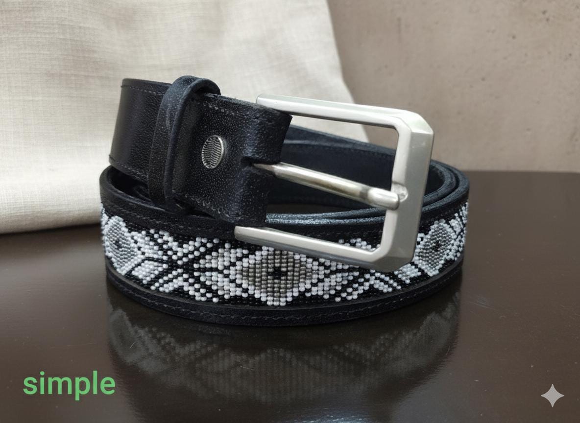 Beaded Western Leather Belt — Black and White Arrow  display picture 2