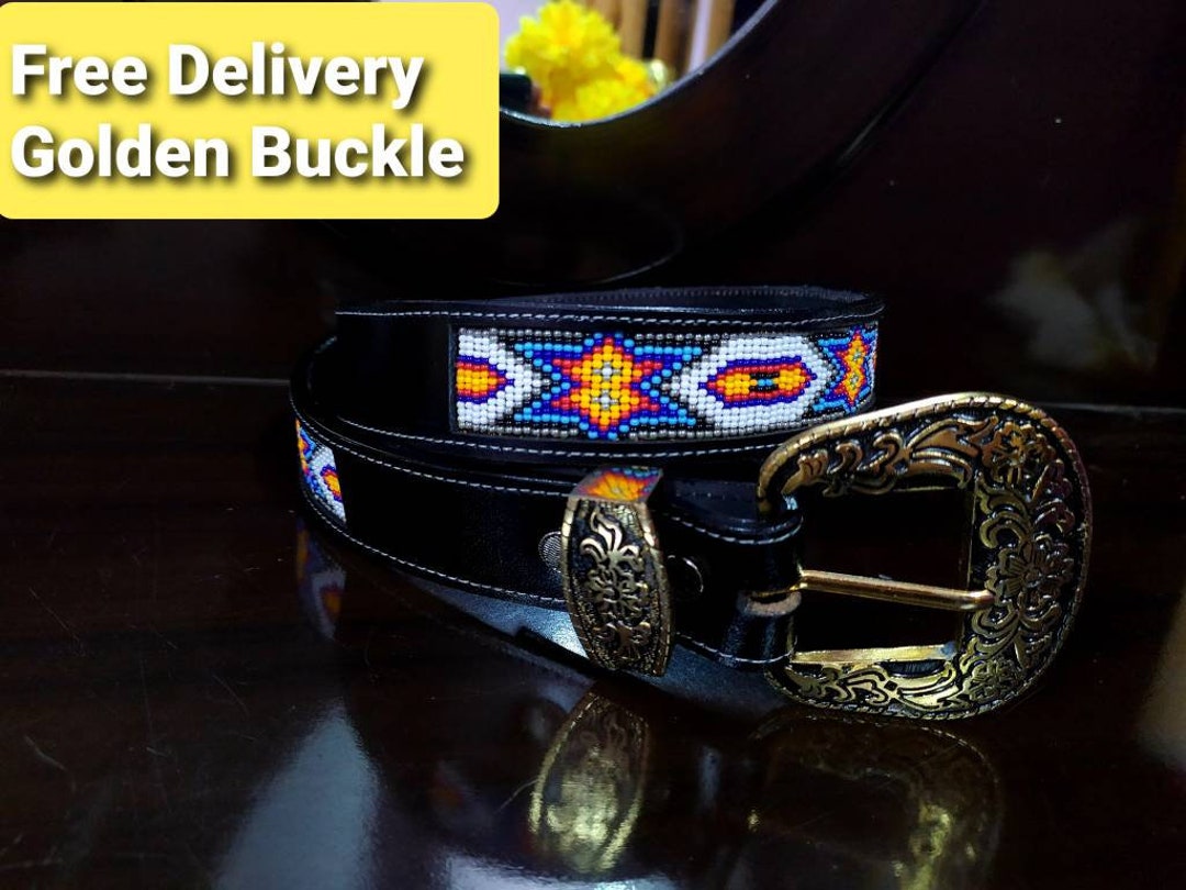 Beaded Western Leather Belt — Purple Southwest Diamond  display picture 1
