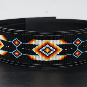Handcrafted Leather Belt with 20&quot; Beadwork | Double Buckle 4-Inch Wide Beaded Leather Belt, Jindgle Belt, Regalia Belt, Pow Wow Belt.