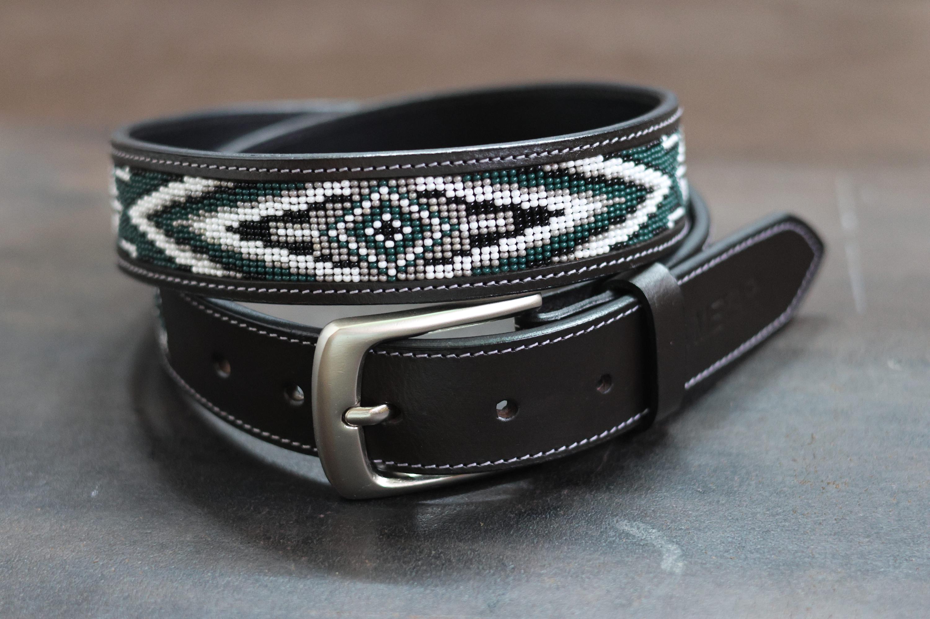 Beautiful handmade beaded green belt with wood buckle. Stretch. Size S Handmade Green Bead Work Leather Belt for Women and Men  main image 3