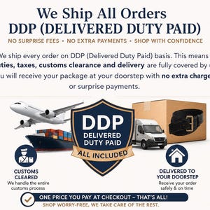 Op de afbeelding: Een informatieve afbeelding over DDP Delivered Duty Paid verzenddiensten. De tekst legt uit dat alle invoerrechten, belastingen en douaneafhandeling zijn gedekt. Iconen tonen een vliegtuig, vrachtschip, bestelwagen en een zwarte riem.
