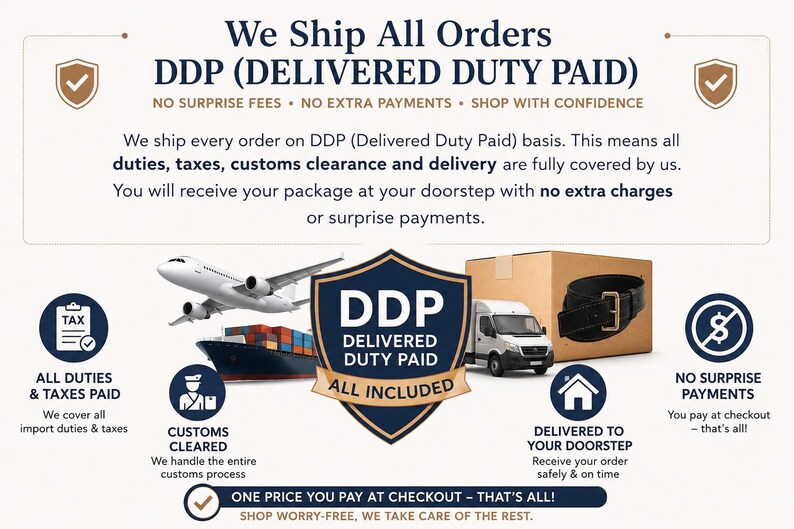 Op de afbeelding: Een informatieve afbeelding over DDP Delivered Duty Paid verzenddiensten. De tekst legt uit dat alle invoerrechten, belastingen en douaneafhandeling zijn gedekt. Iconen tonen een vliegtuig, vrachtschip, bestelwagen en een zwarte riem.