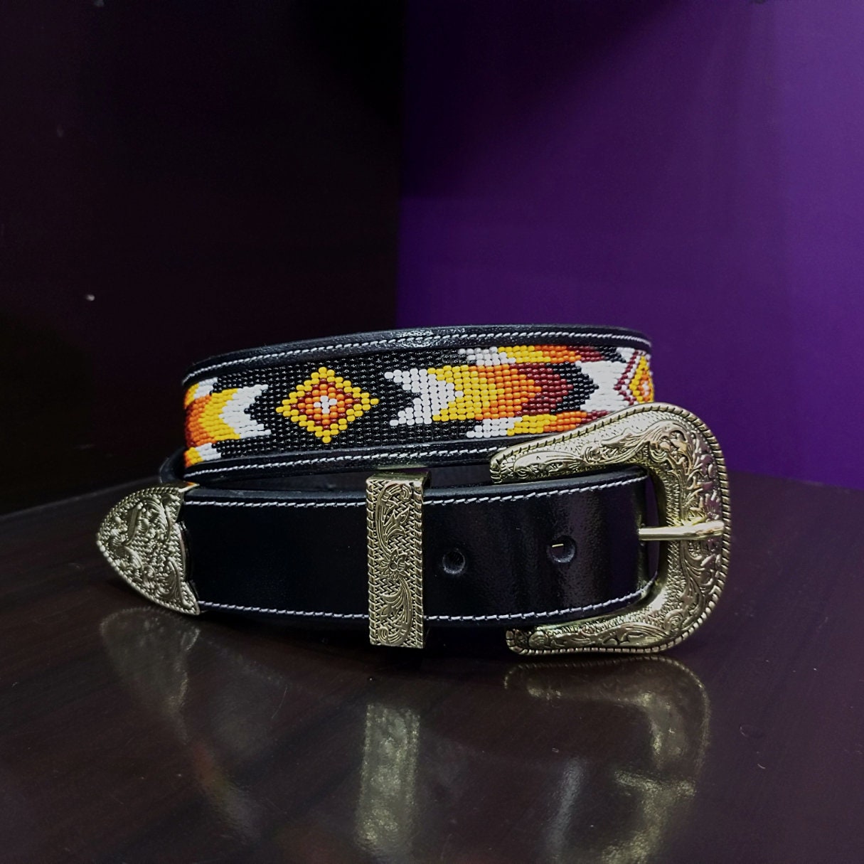 Custom Beaded Western Leather Belt — Multi Color Southwest  display picture 3