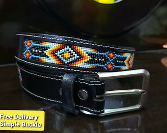 Beaded Leather Belt, Genuine Leather, Glass Beads, 1.5" Wide Belt, Best Belt for Gift, Handmade Belt, Cowboy Belt