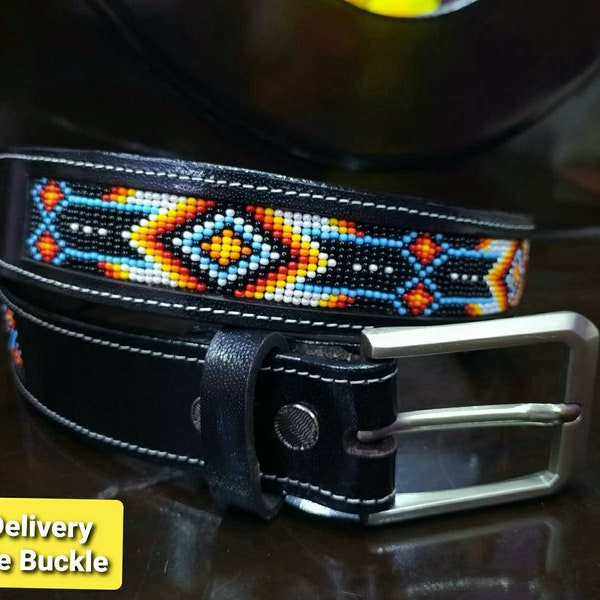 Beaded Leather Belt, Genuine Leather, Glass Beads, 1.5" Wide Belt, Best Belt for Gift, Handmade Belt, Cowboy Belt