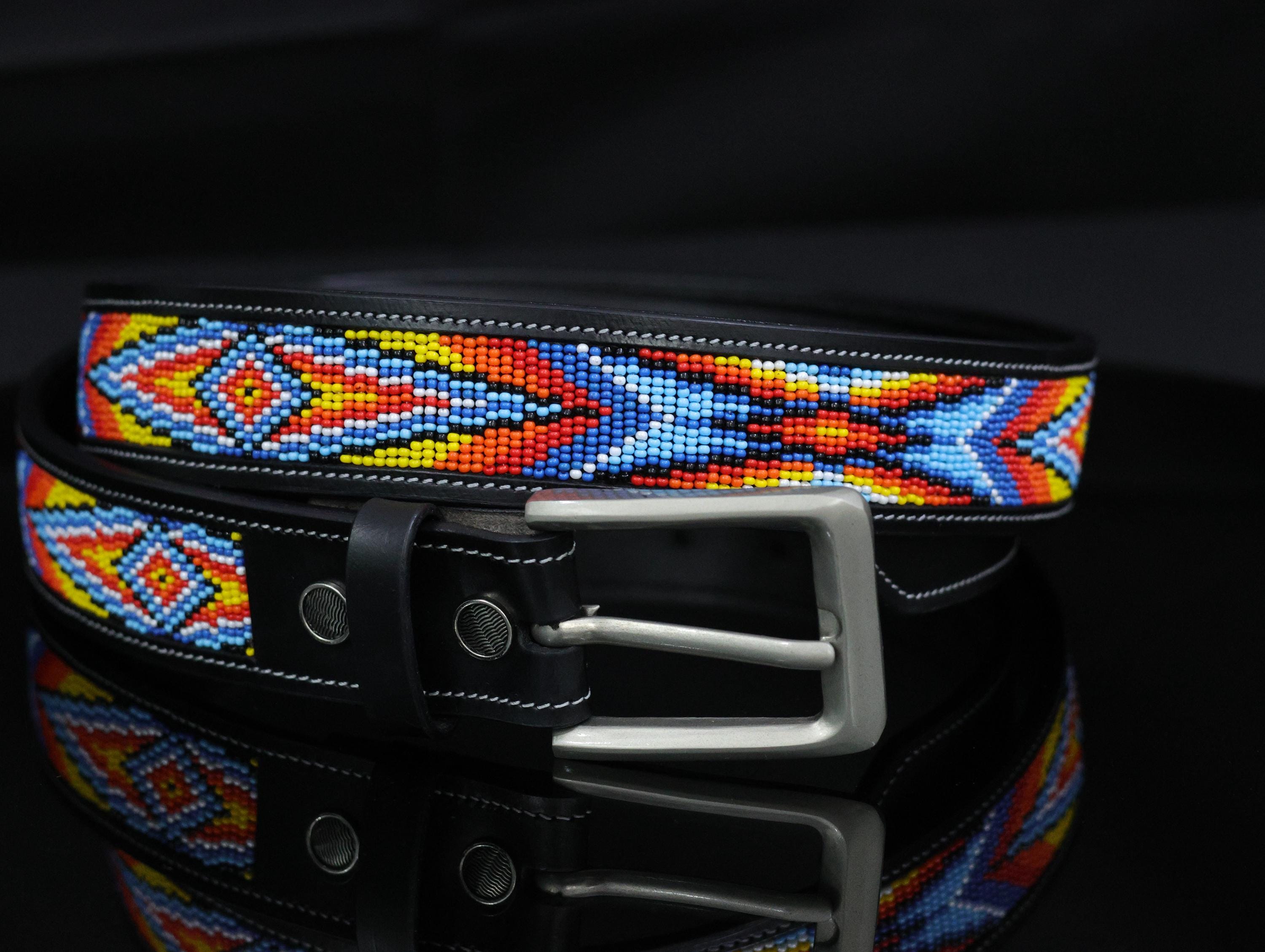 Beaded Western Leather Belt — Blue & Red Southwest Geometric  display picture 3