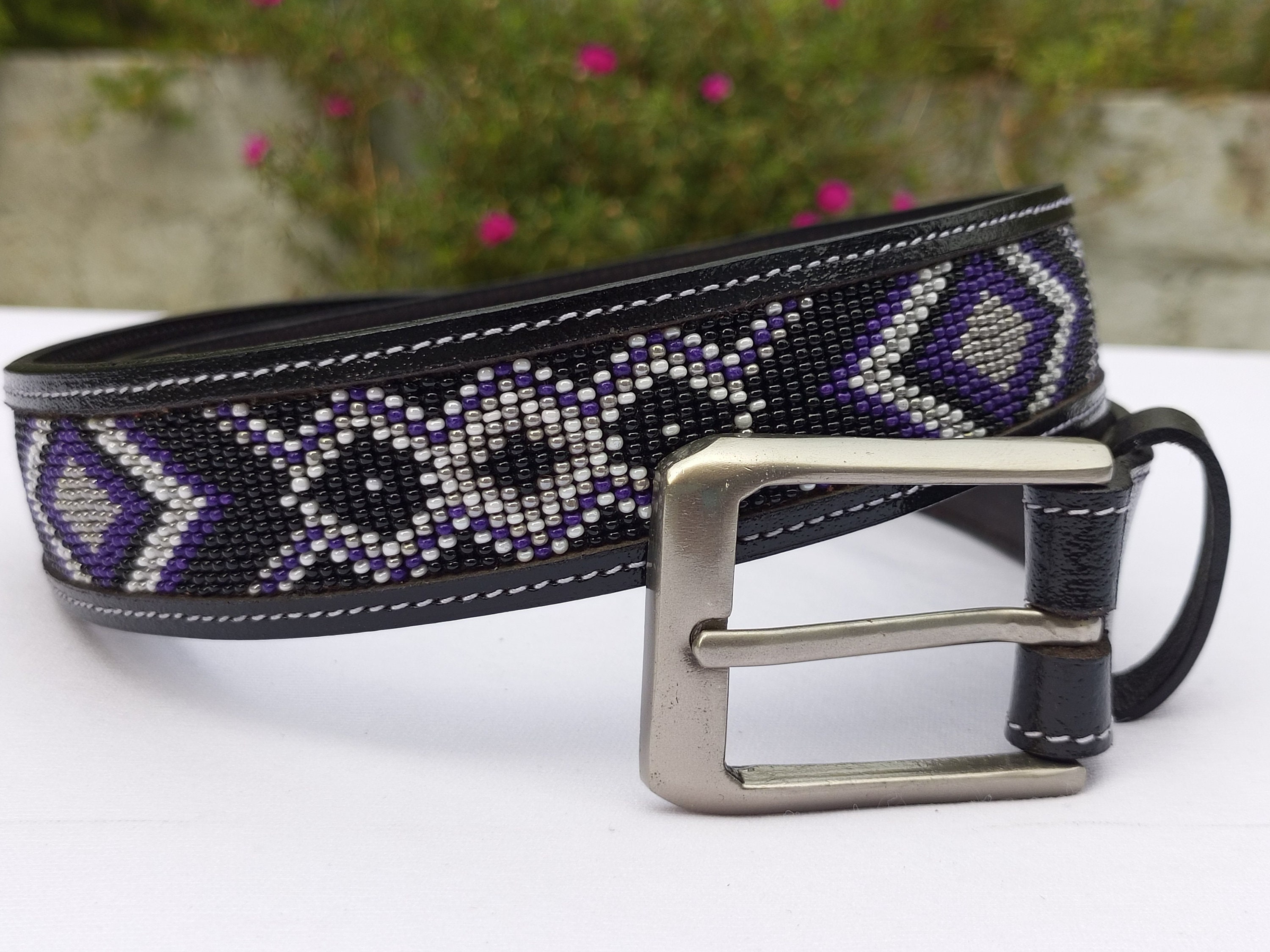 Purple Beaded Leather Western Belt — Diamond Pattern |1.3  display picture 3