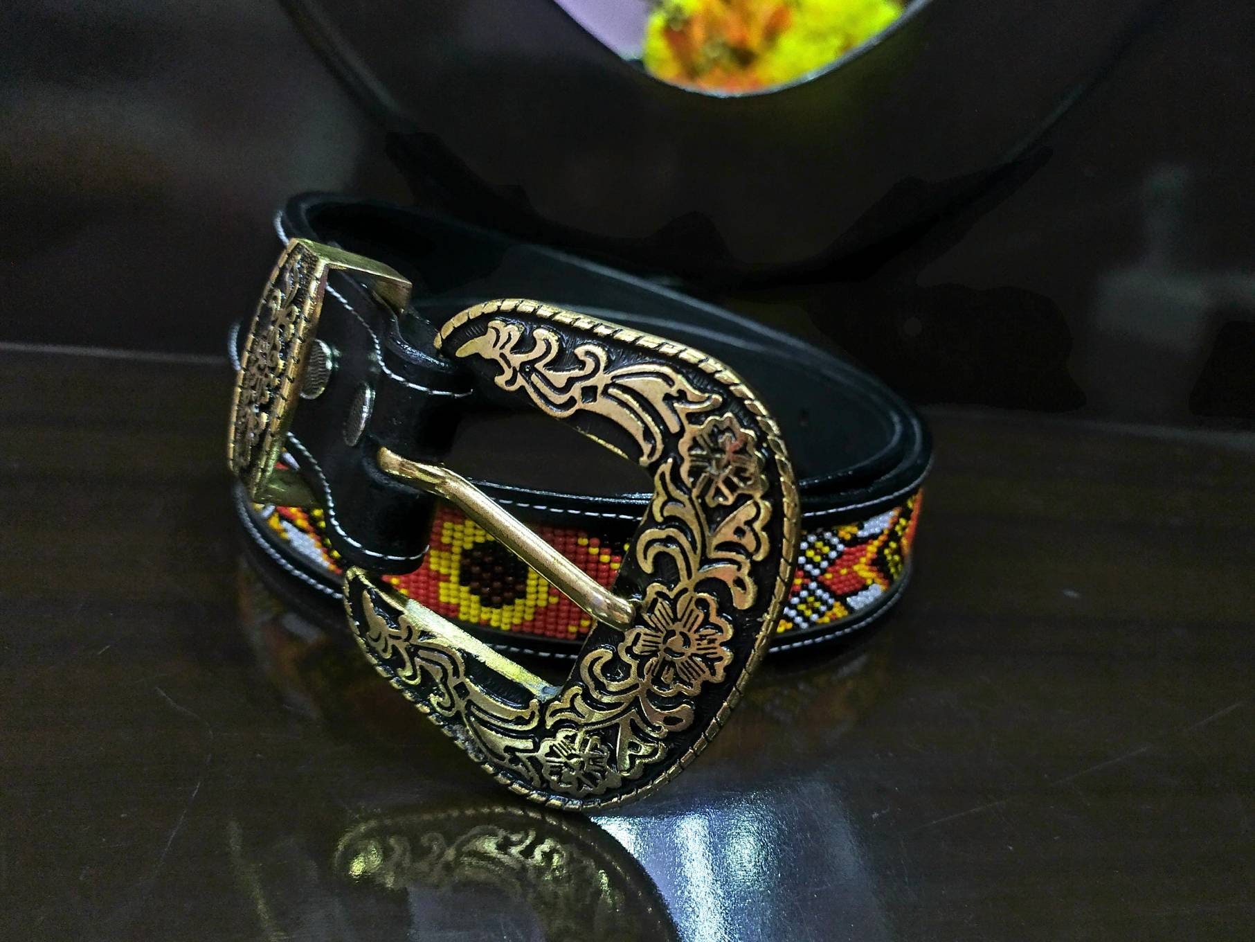 Yellow Beaded Round Buckle Leather Belt Pro Style Yellow Baller Leather Belt main image 3