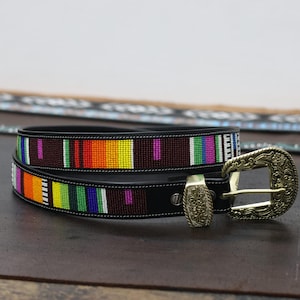 Beaded Leather Belt Black/Brown, Cowboy Leather Belt, Unisex Belt, Men&#39;s Gift, Women&#39;s Gift, 35 mm Wide Belt With Removable Western Buckle.