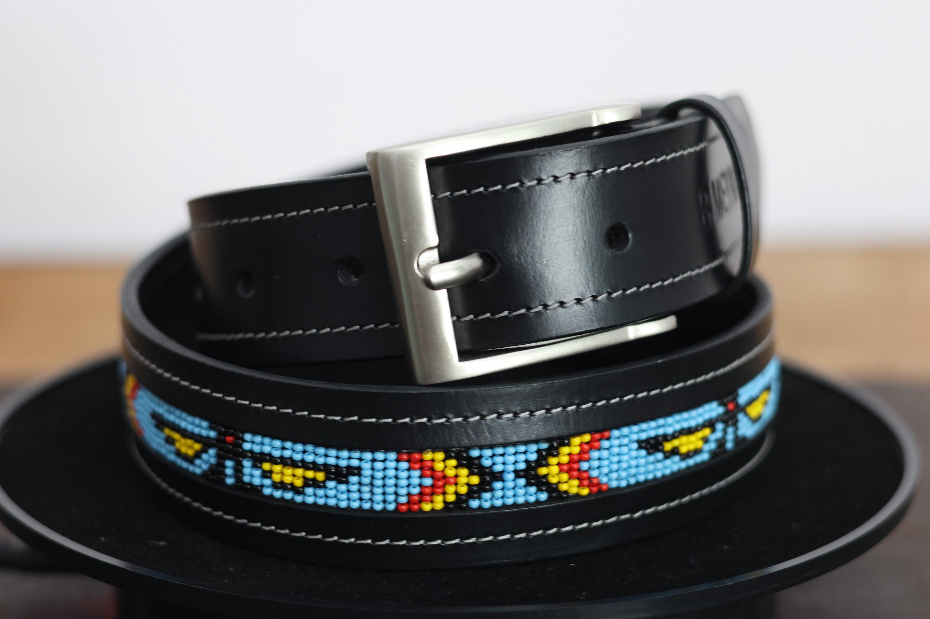 Ceinture Femme En Cuir Véritable Noir – Décorée De Perles Turquoise Et Clous Argentés – Taille M (31-33 Pouces)