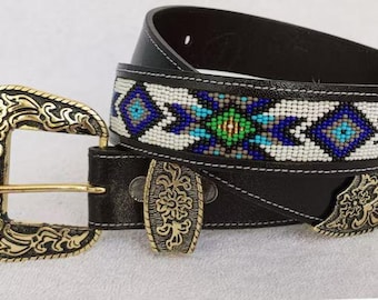 Vintage Brown Genuine Leather Handmade Tribal Design Seed Bead Embroidered Belt Vintage Brown Genuine Leather Handmade Tribal Design Seed  main image 2