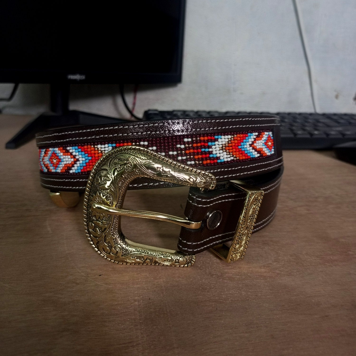 Beaded Leather Belt for Women, Man Bead Belt, Removable  display picture 2