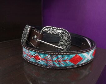 Beaded Western Leather Belt — Red & Blue Southwest Feather  display picture 2