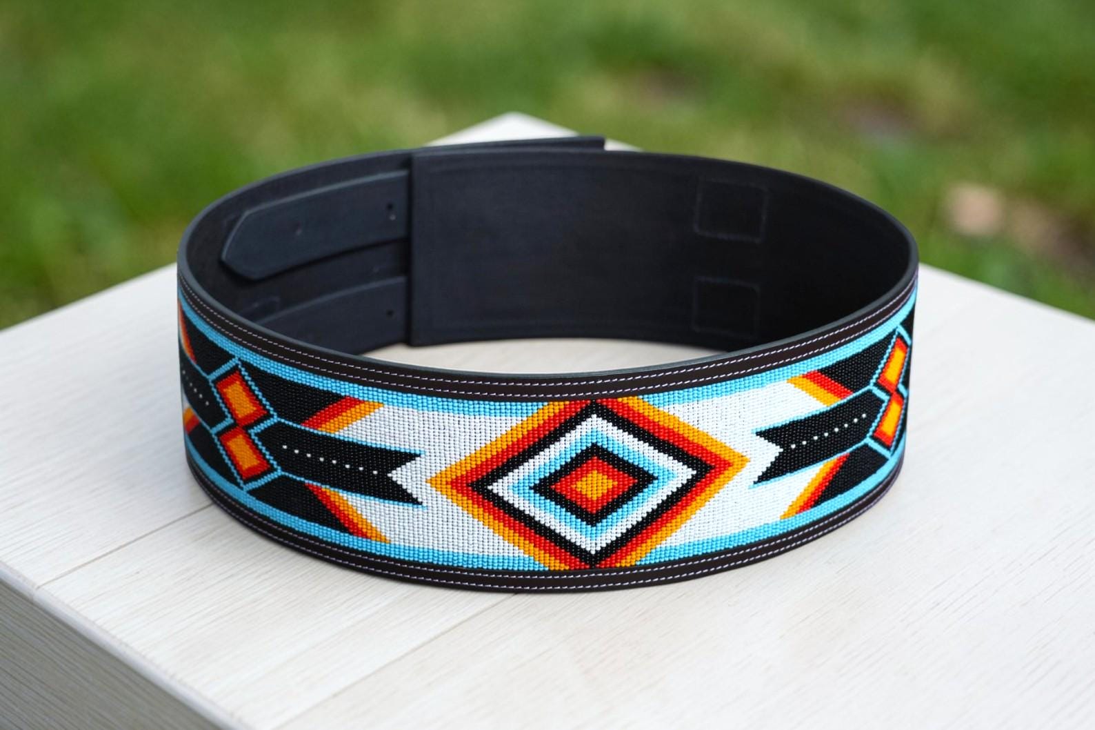 Handmade Beaded Belt in Black and Gold Diamond Pattern Handcrafted Beads Belt – Unique, Colorful Accessory  main image 2