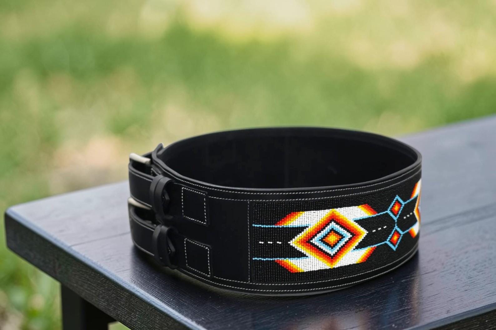 Hand made beeded belt Hand-Tooled Artesanal Tabs With Mint Green and Dark Green  main image 4