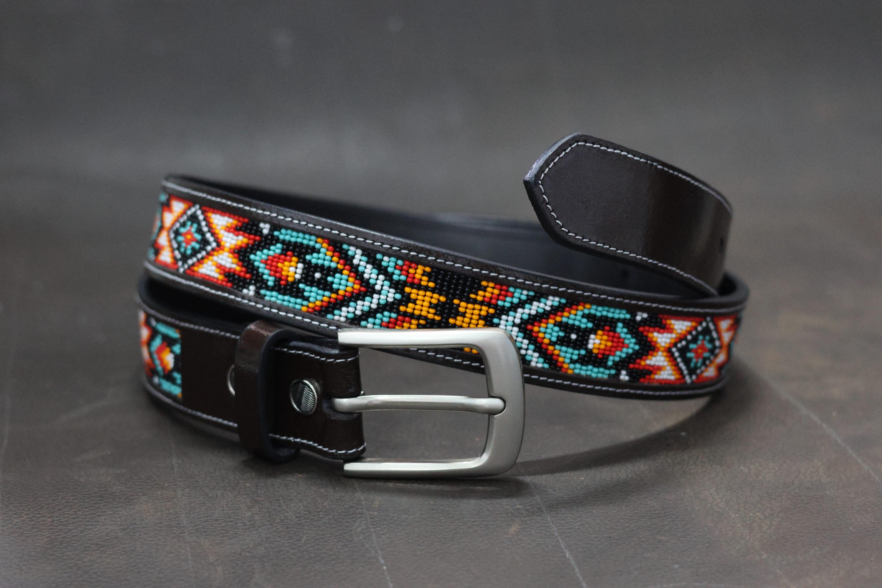 Beaded Leather Belt: Aztec Cowboy Style | Unisex Beadwork | Western ...
