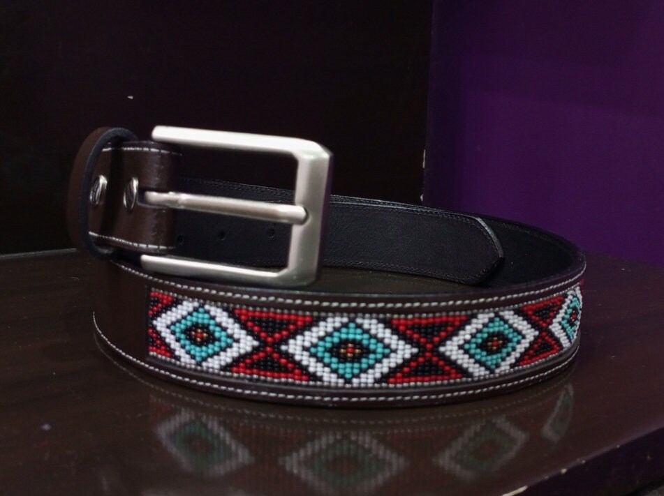 Beaded Western Leather Belt — Turquoise & Red Diamond 