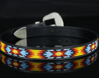 Beaded Western Leather Belt — Blue & Red Geometric Pattern 
