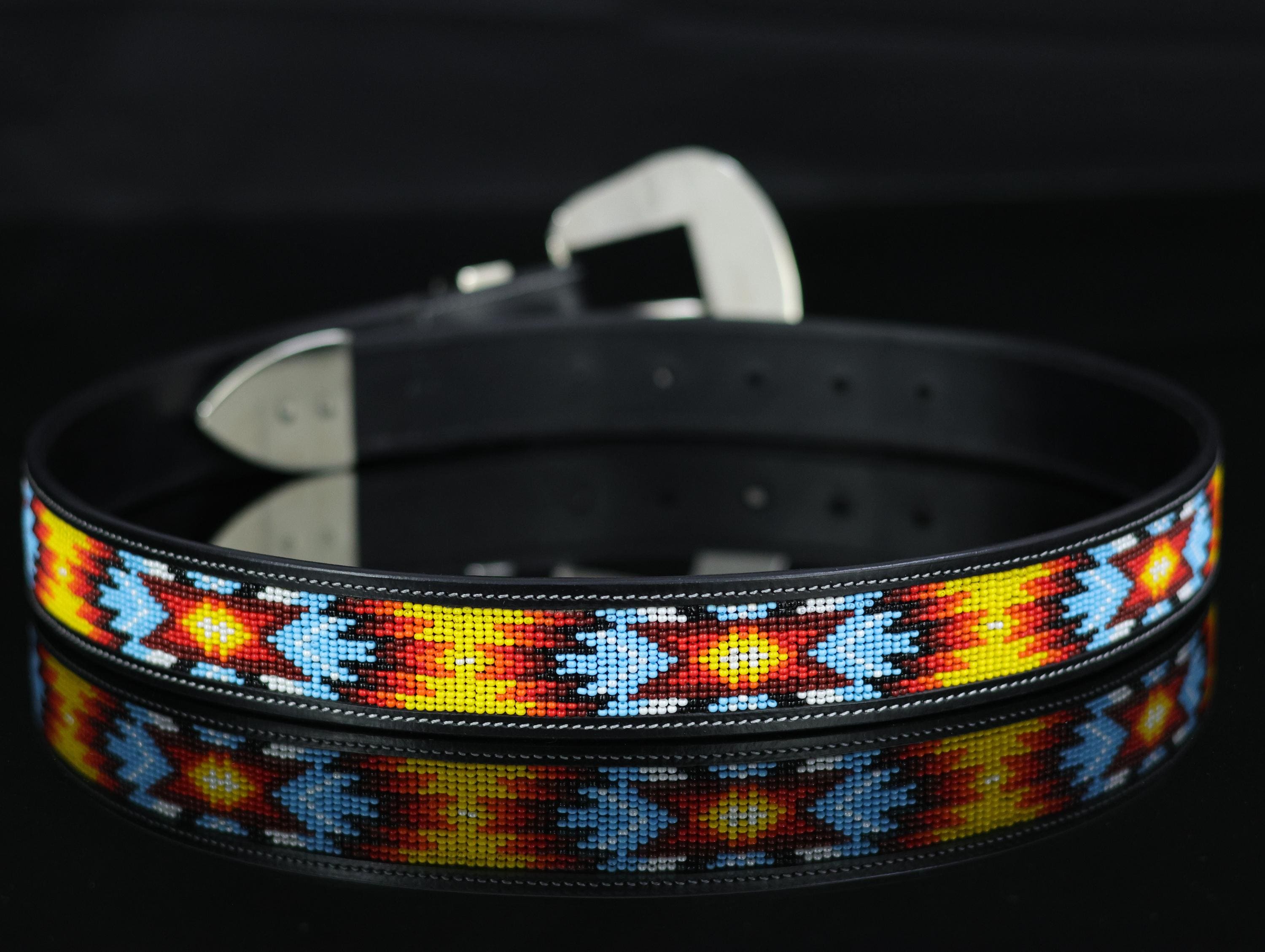 Beaded Western Leather Belt — Blue & Red Geometric Pattern  display picture 1